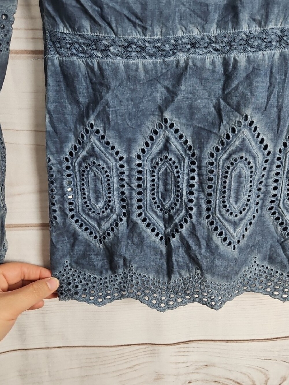 Lucky Brand Blue Acid Wash Eyelet Embroidered Boho Peasant Top | Small - Picture 8 of 11